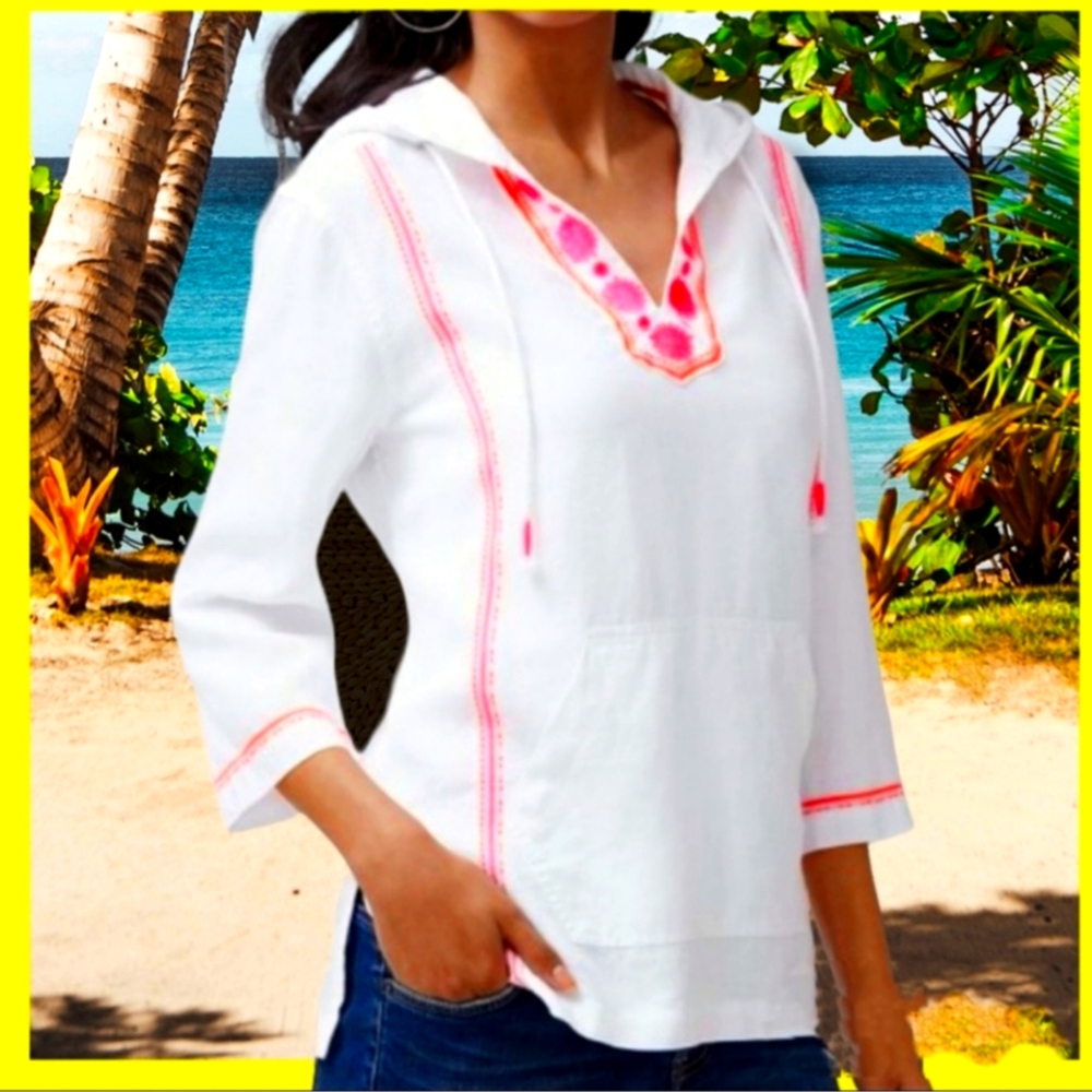 NWT Tommy Bahama Esmeralda Embroidered White Linen Hoodie, Size S - Picture 2 of 7